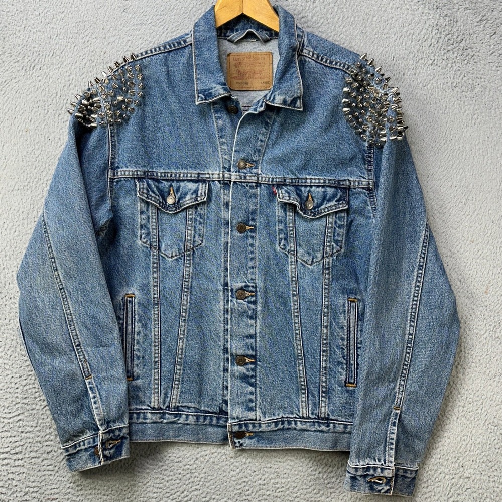 Vintage Levis Mens Large Jacket Jeans Blue Shoulder Spiked Studded Chrome EUC